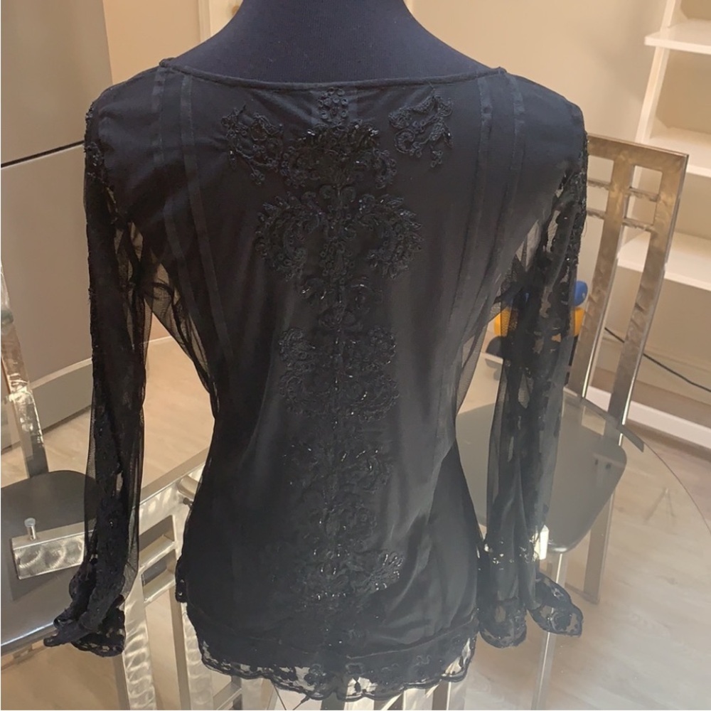 Plenty by Tracy Reese black sheer beaded floral blouse top S